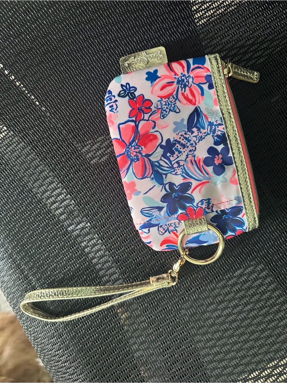 Lilly Pulitzer Coral Pink and Navy Floral Zip Pouch NWOT